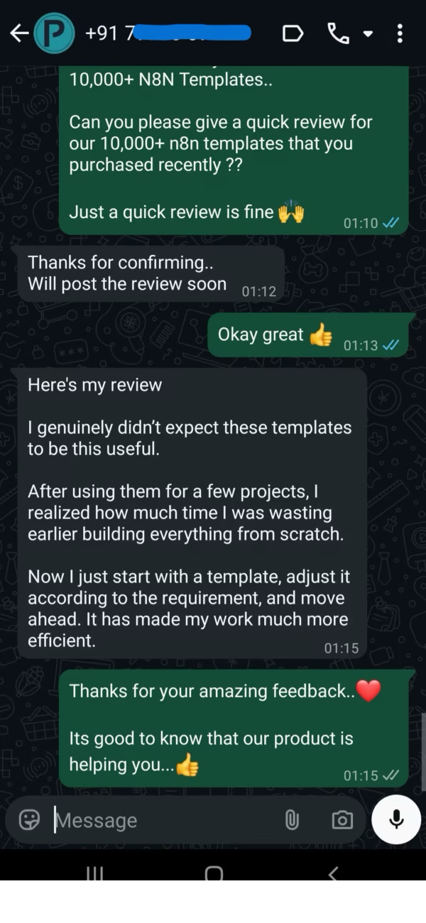 Customer WhatsApp message