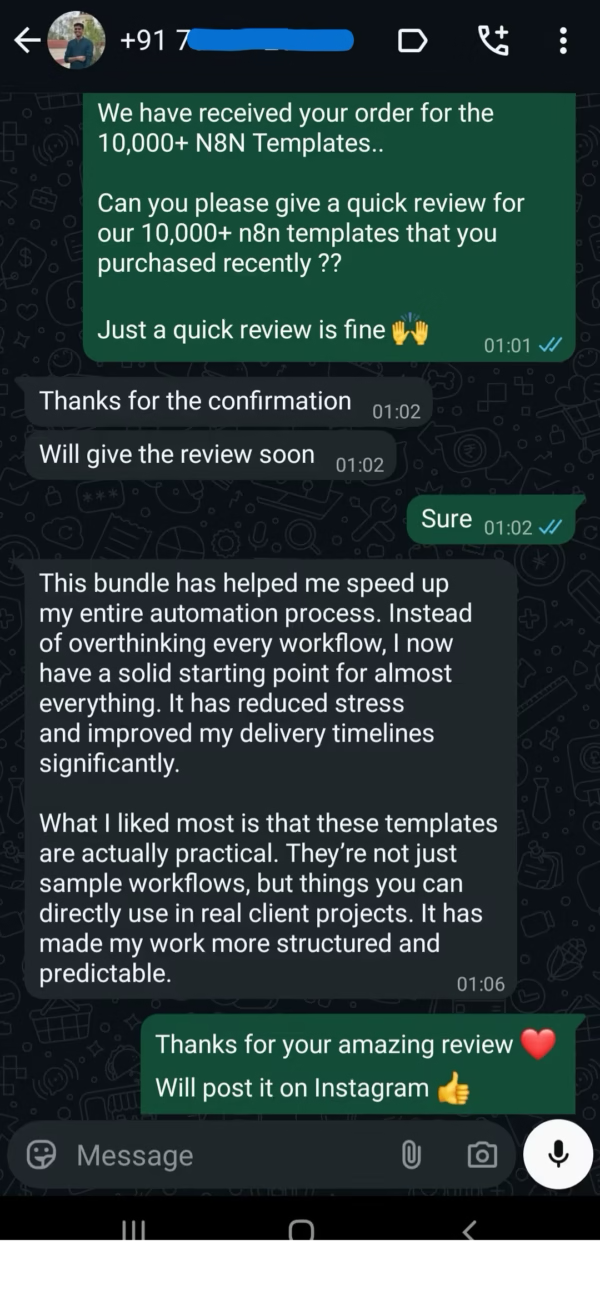 Customer WhatsApp message
