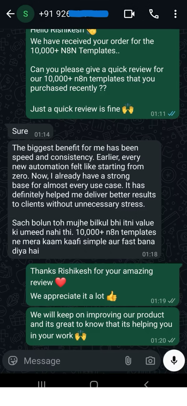 Customer WhatsApp message